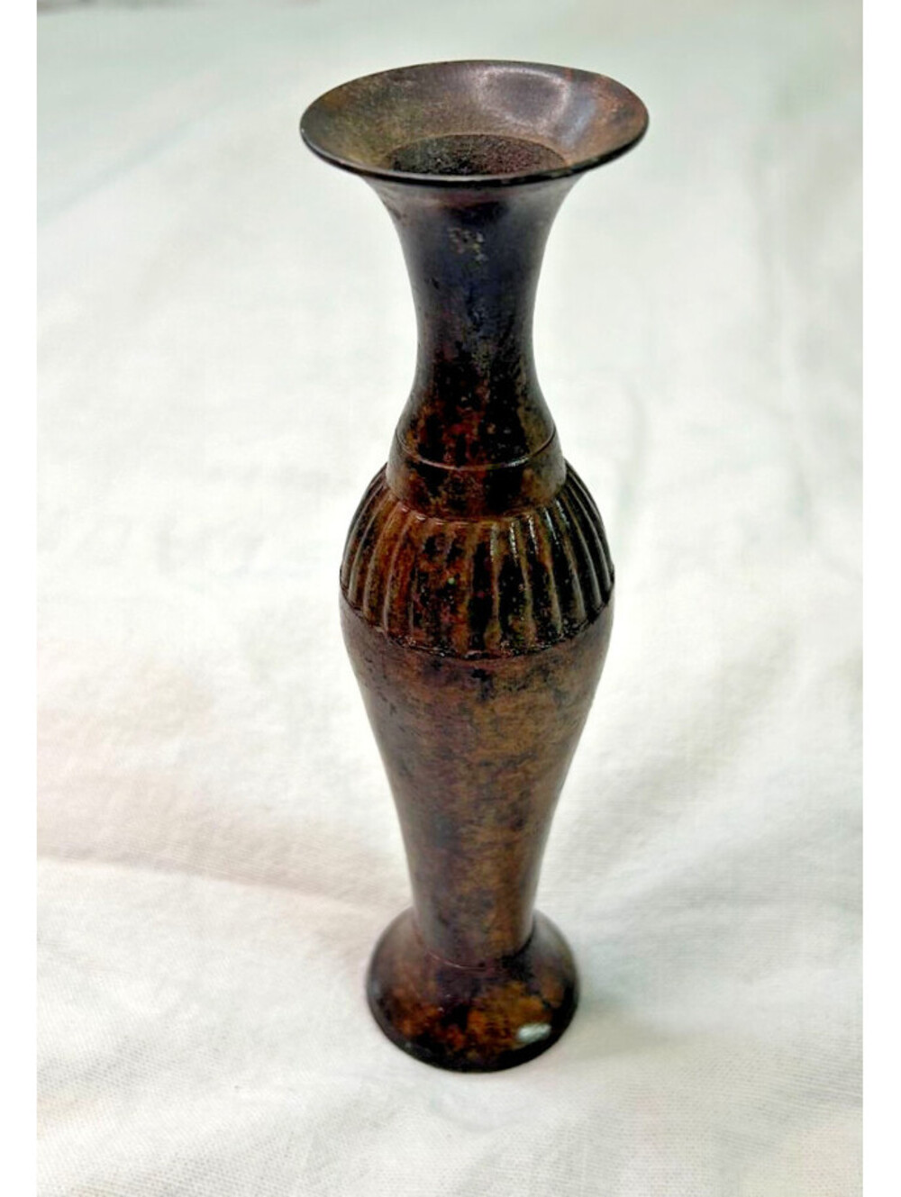 Vintage Brass Bud Vase Fluted Bulbous Mid Century Modern Small Etched Vase 7"